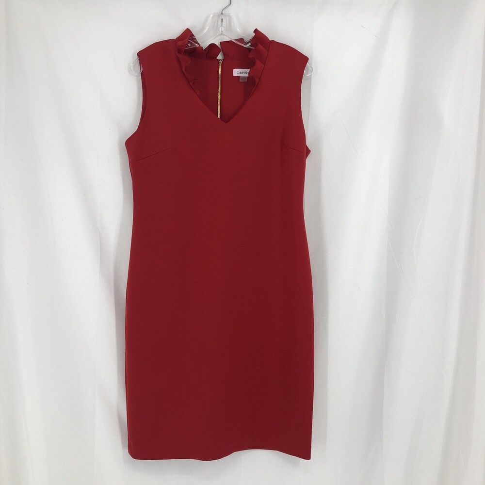 Calvin Klein Women's Red Sheath Dress Size 14 V-Neck Sleeveless Ruffle Zip